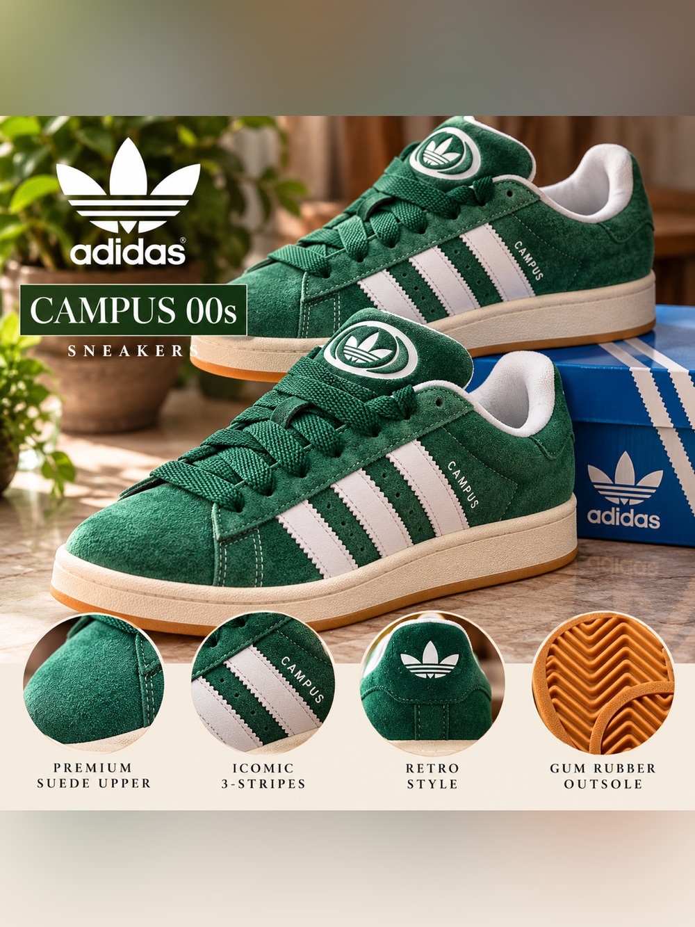 💚 adidas Campus 00s Green Suede Sneakers – Men’s 9.5 💚